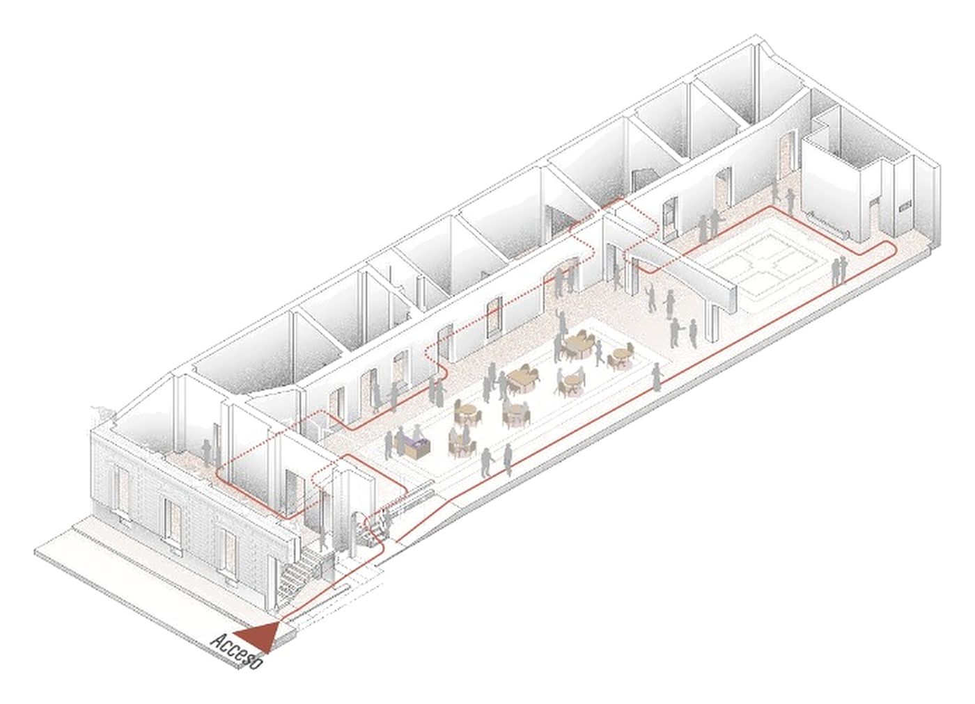 Axonometric view of Casa de los Leones, with the entrance, the rooms in sequence and the central courtyard