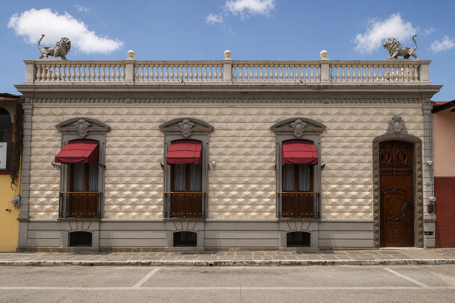 Facade of Casa de los Leones with geometric stone reliefs and balconies with red awnings